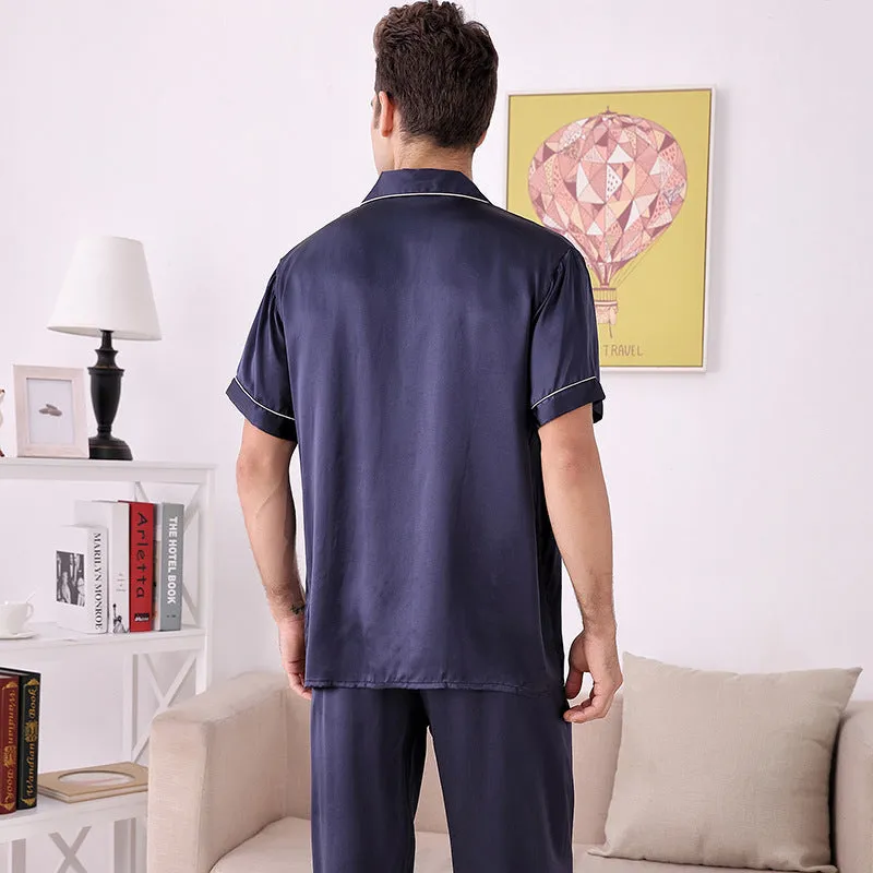 100% Silk Pajamas Men's Short-Sleeved Trousers Two-Piece Loungewear [SLP0009]