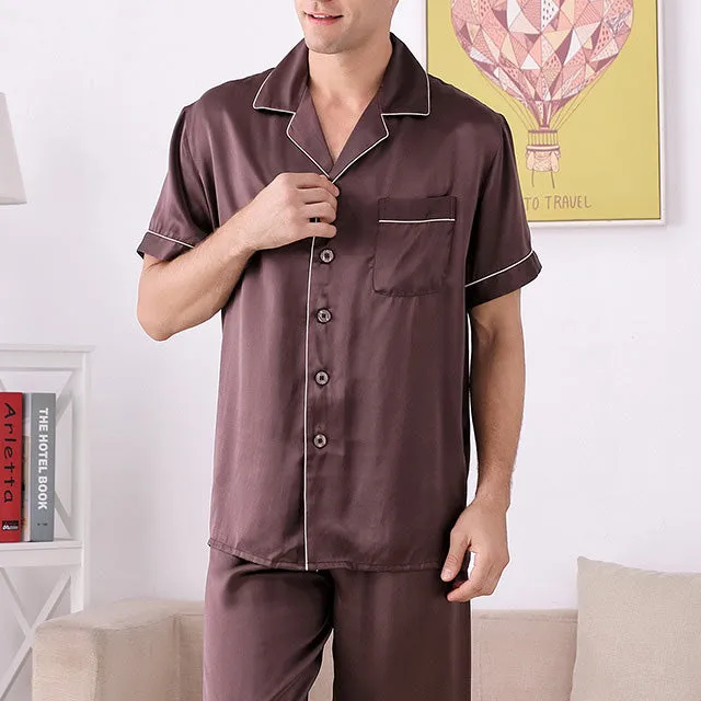 100% Silk Pajamas Men's Short-Sleeved Trousers Two-Piece Loungewear [SLP0009]