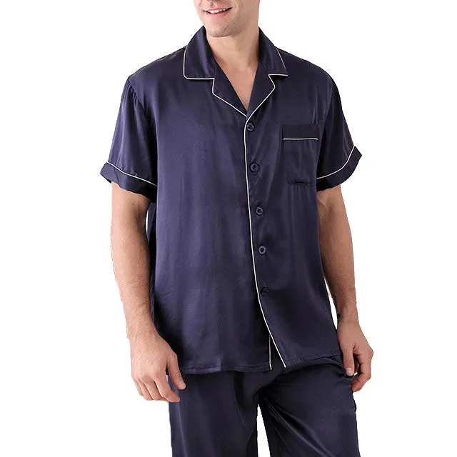 100% Silk Pajamas Men's Short-Sleeved Trousers Two-Piece Loungewear [SLP0009]