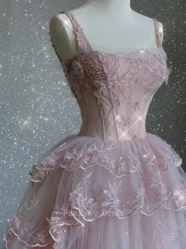 A-line Elegant tulle lace long pink formal dresses Bridesmaid Dresses evening gown Prom Dress