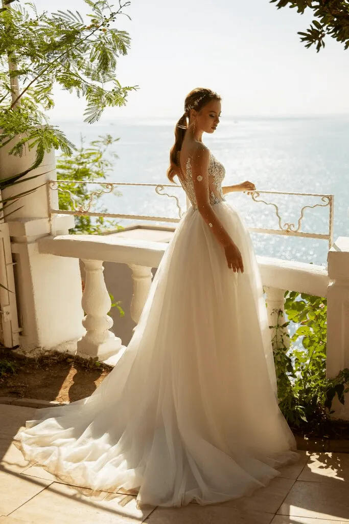 Aline Wedding Dress with Lace Sleeves - Floral Beaded Dress - Lace Bodice Wedding Gown Plus Size