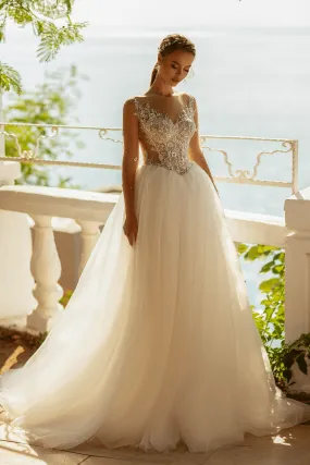 Aline Wedding Dress with Lace Sleeves - Floral Beaded Dress - Lace Bodice Wedding Gown Plus Size