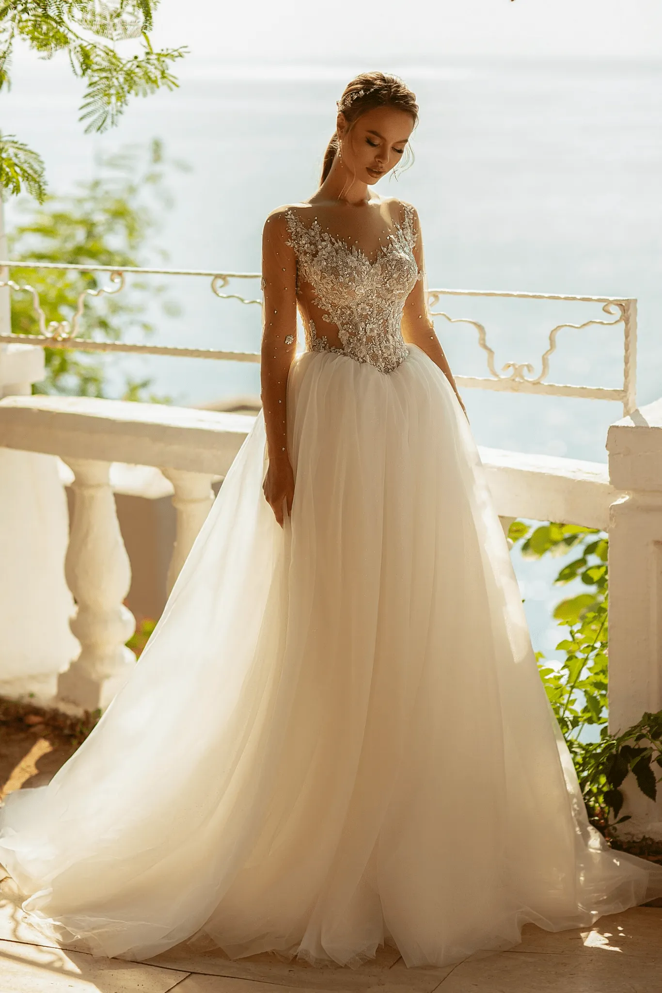 Aline Wedding Dress with Lace Sleeves - Floral Beaded Dress - Lace Bodice Wedding Gown Plus Size