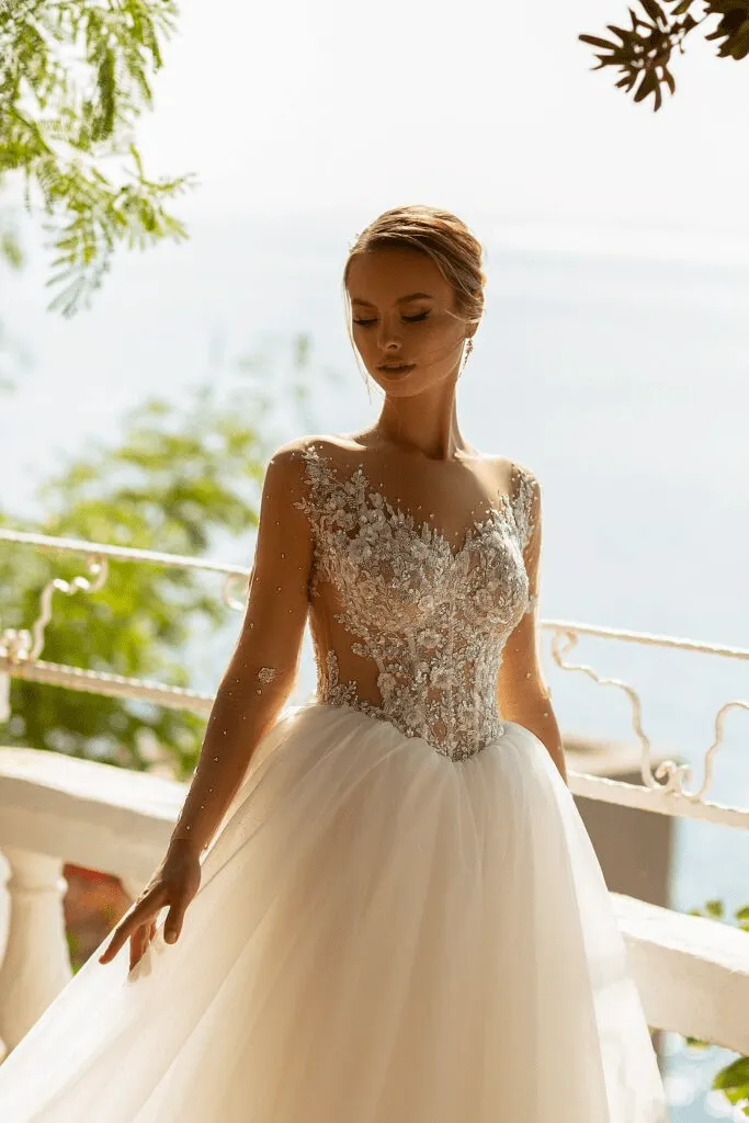 Aline Wedding Dress with Lace Sleeves - Floral Beaded Dress - Lace Bodice Wedding Gown Plus Size
