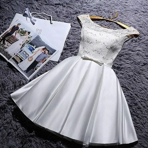 Beauty Lace White Burgundy Lace Evening Dresses Short O neck Formal