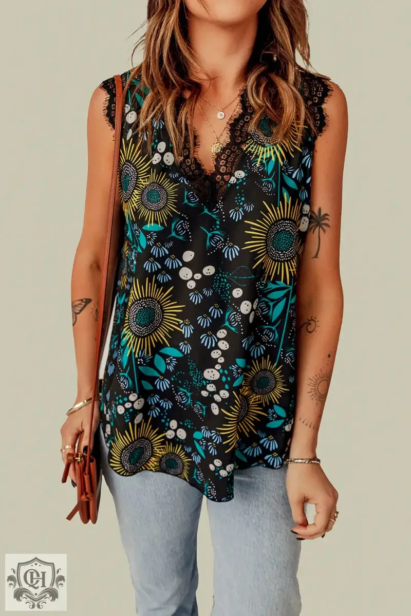 Black V Neck Lace Trim Floral Tank