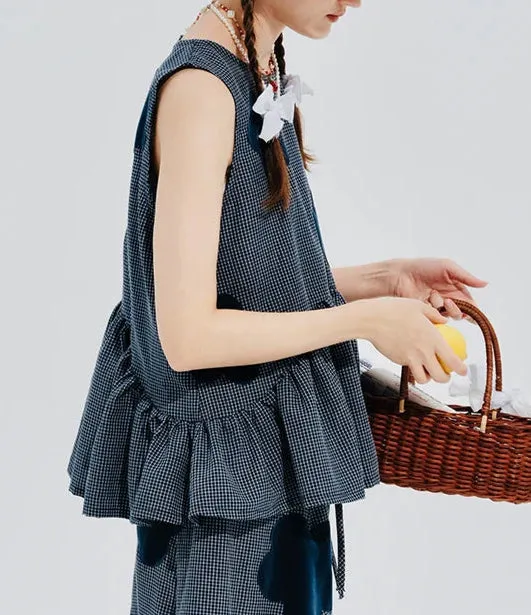 Blue Plaid Flower Patchwork Sleeveless Top