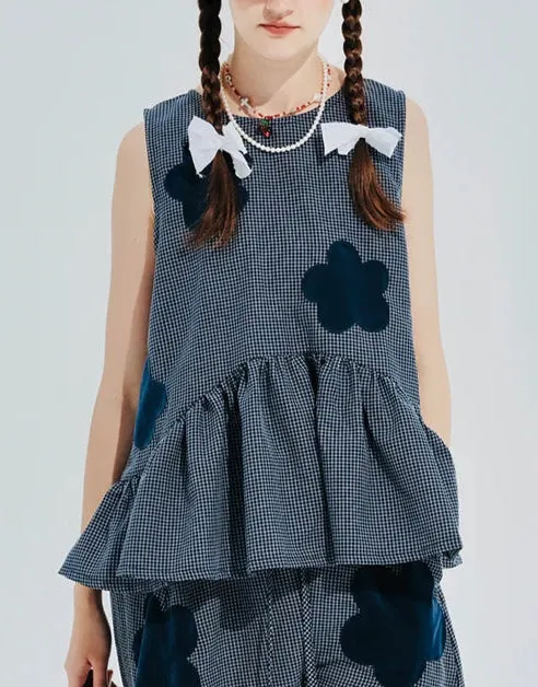 Blue Plaid Flower Patchwork Sleeveless Top