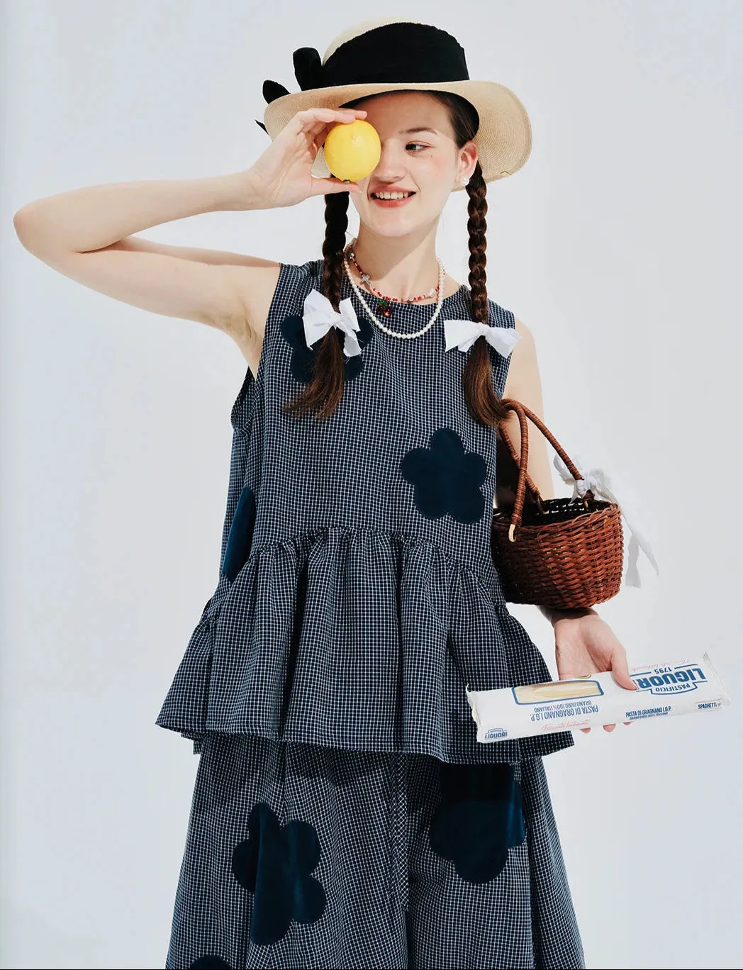 Blue Plaid Flower Patchwork Sleeveless Top