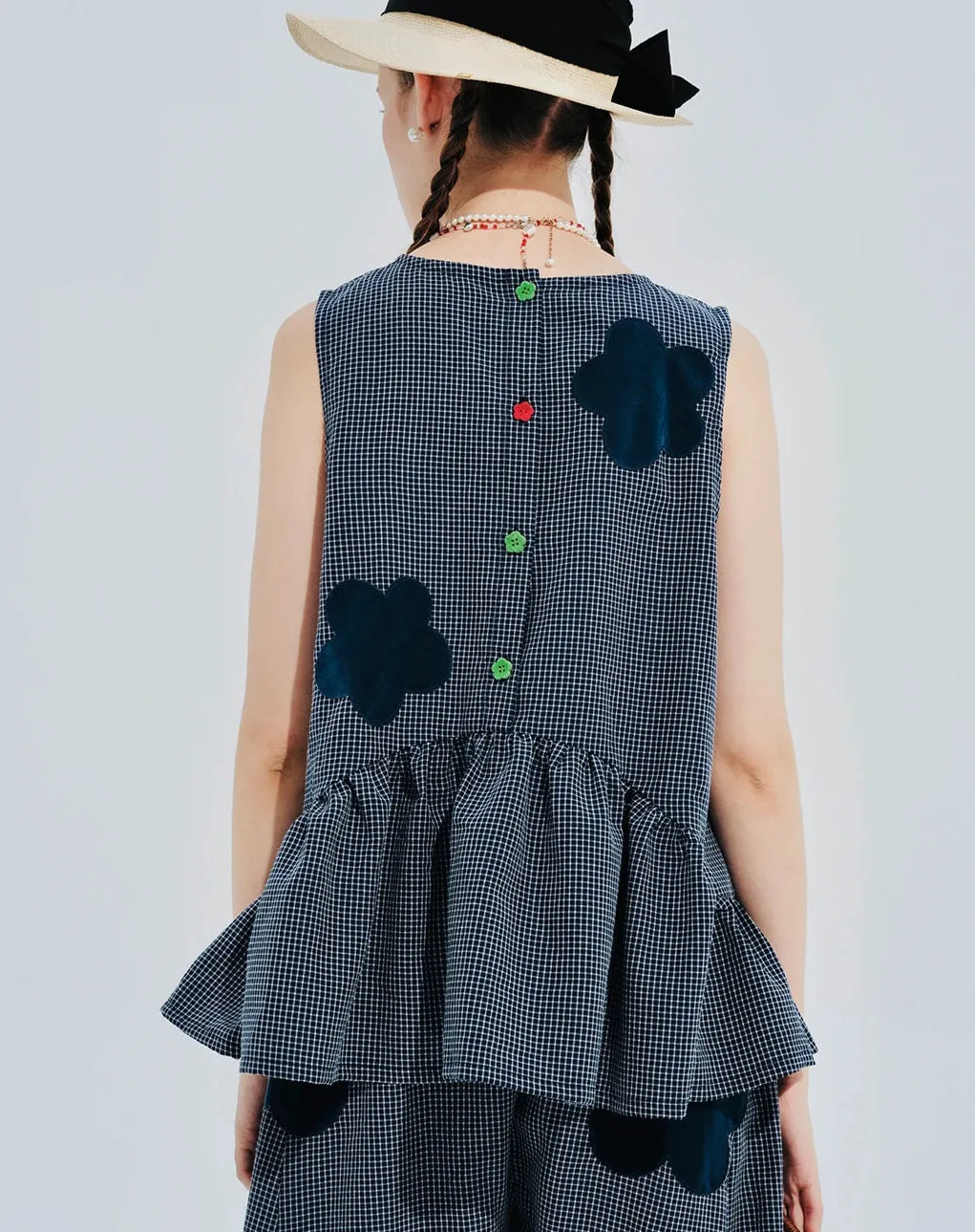 Blue Plaid Flower Patchwork Sleeveless Top