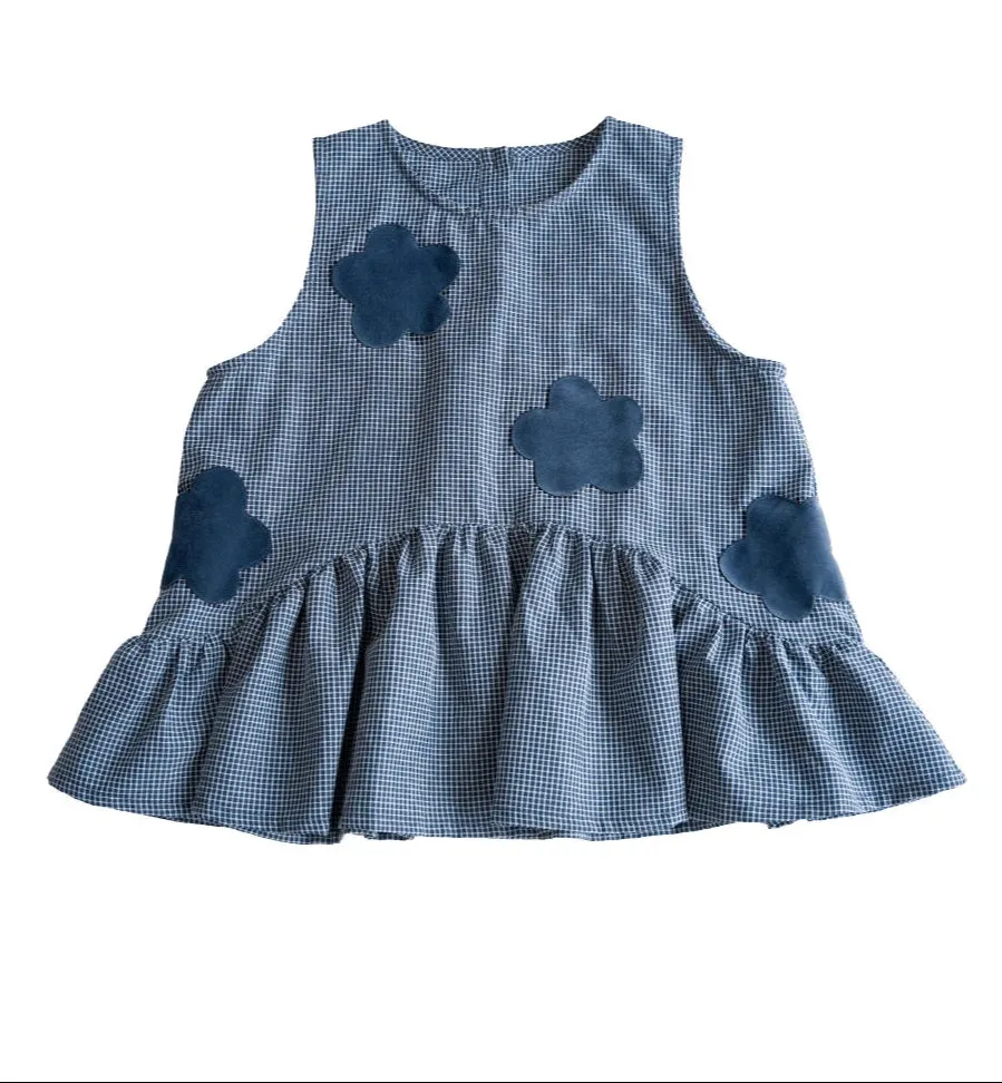 Blue Plaid Flower Patchwork Sleeveless Top