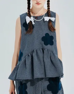 Blue Plaid Flower Patchwork Sleeveless Top