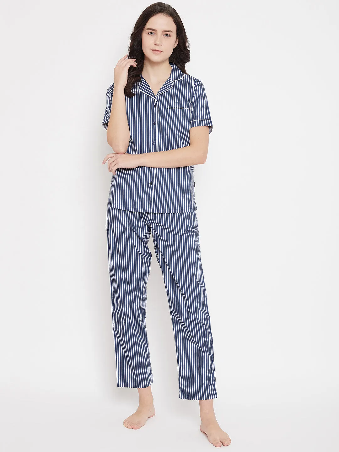 Blue Striped Slim Fit Night Suits