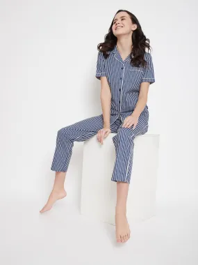 Blue Striped Slim Fit Night Suits