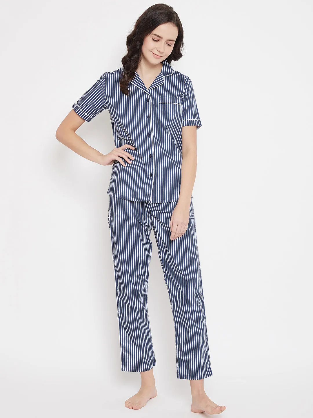 Blue Striped Slim Fit Night Suits