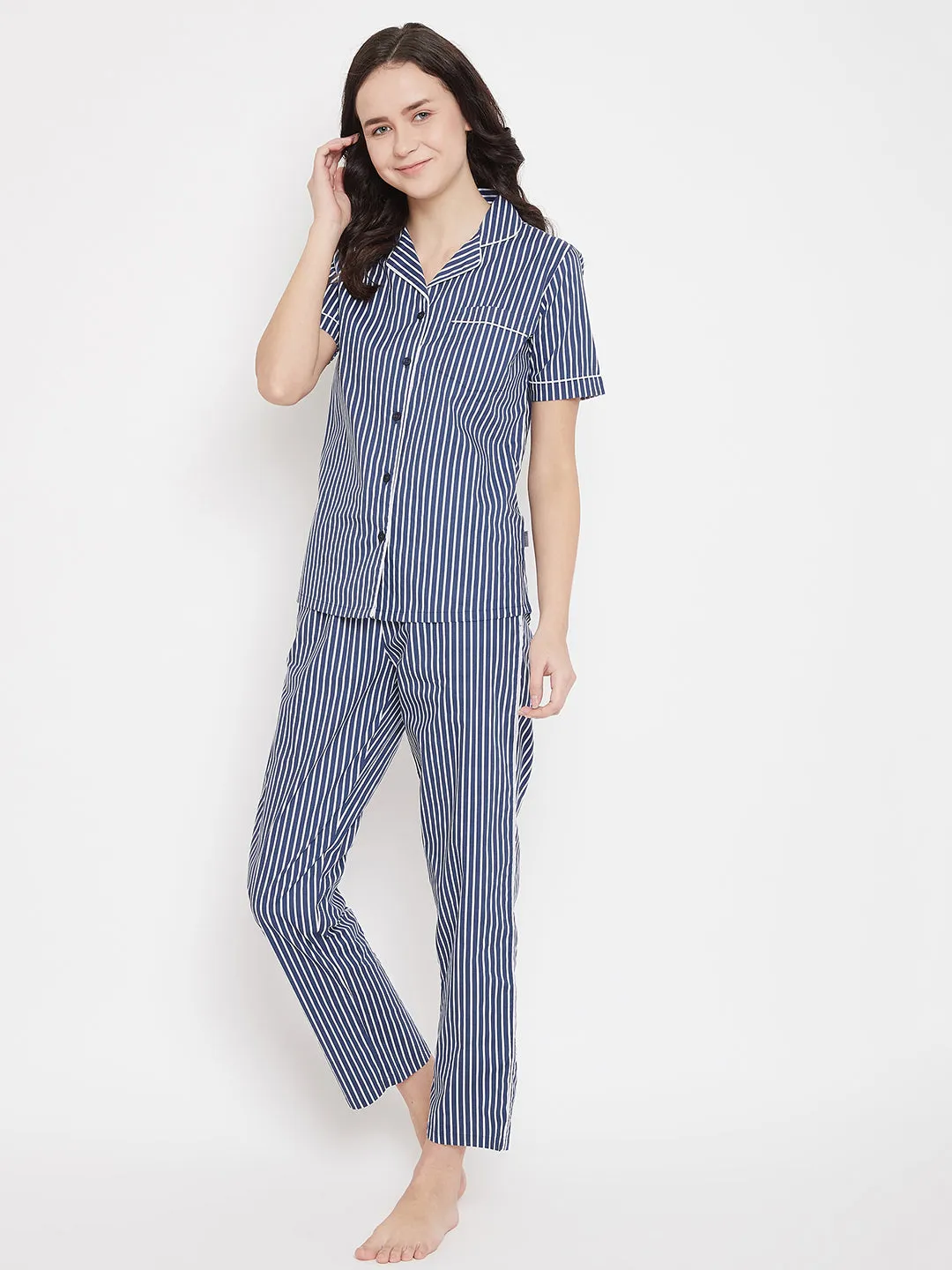 Blue Striped Slim Fit Night Suits