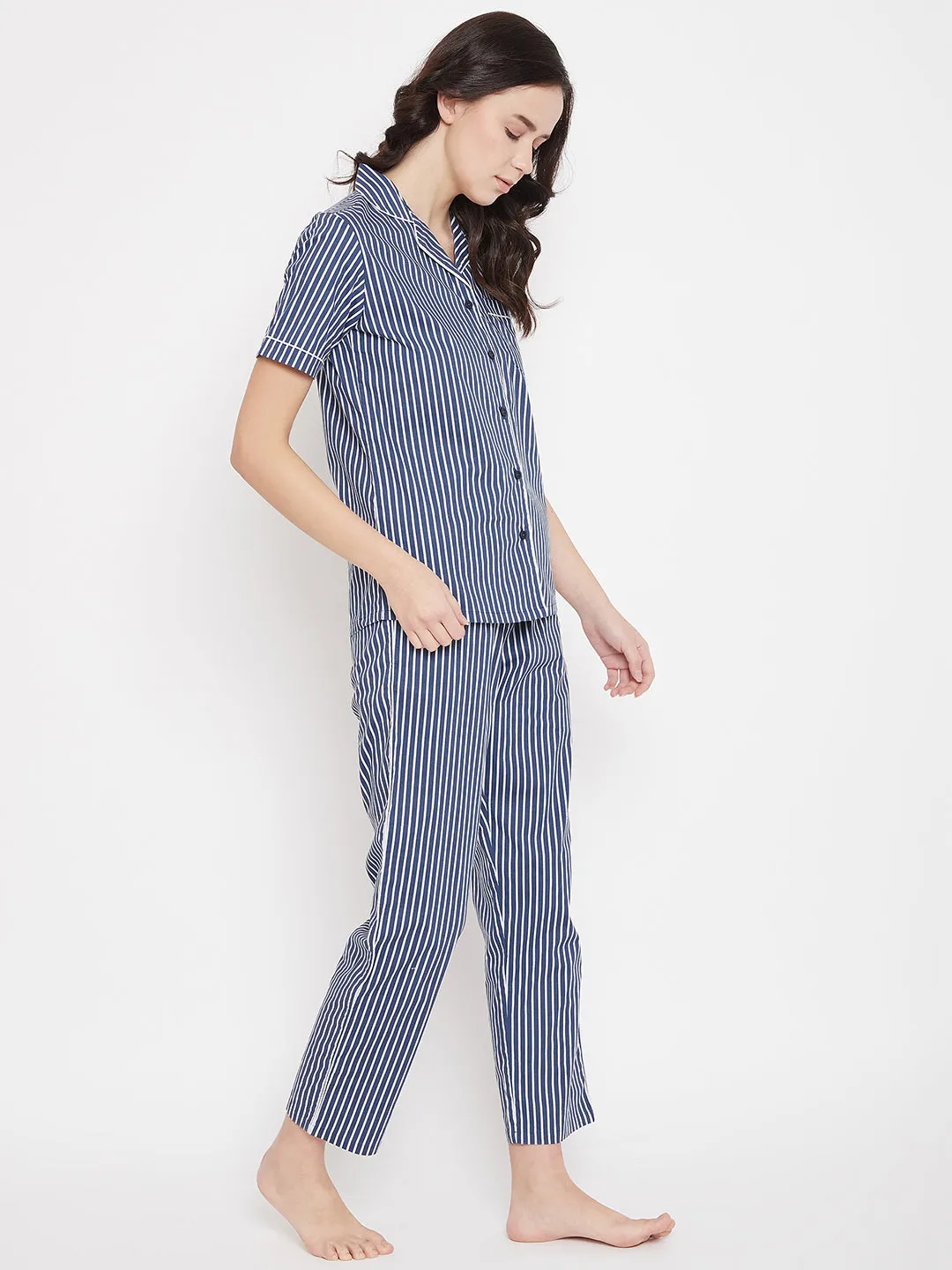 Blue Striped Slim Fit Night Suits