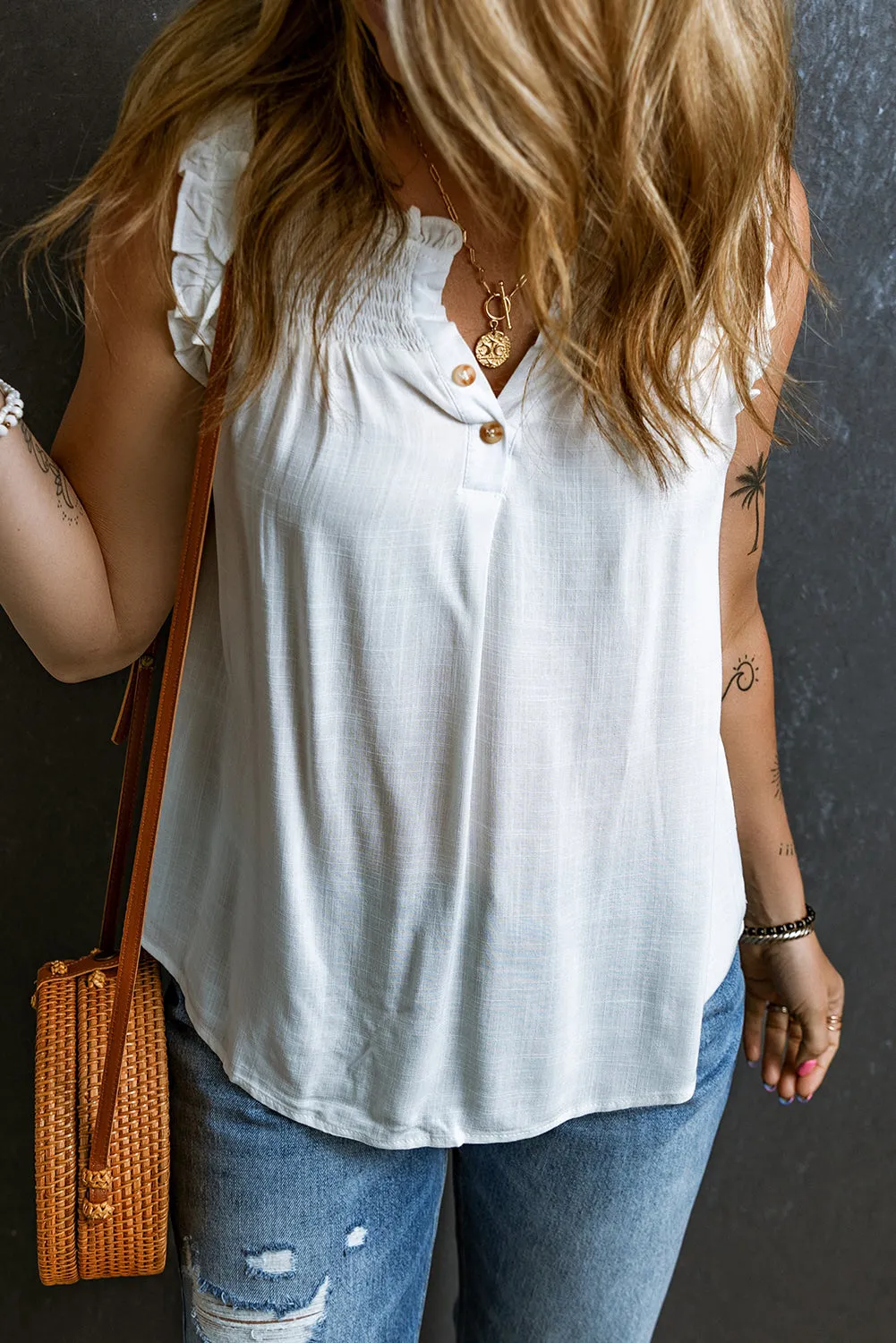 Button Split Ruffled Trim Tank Top