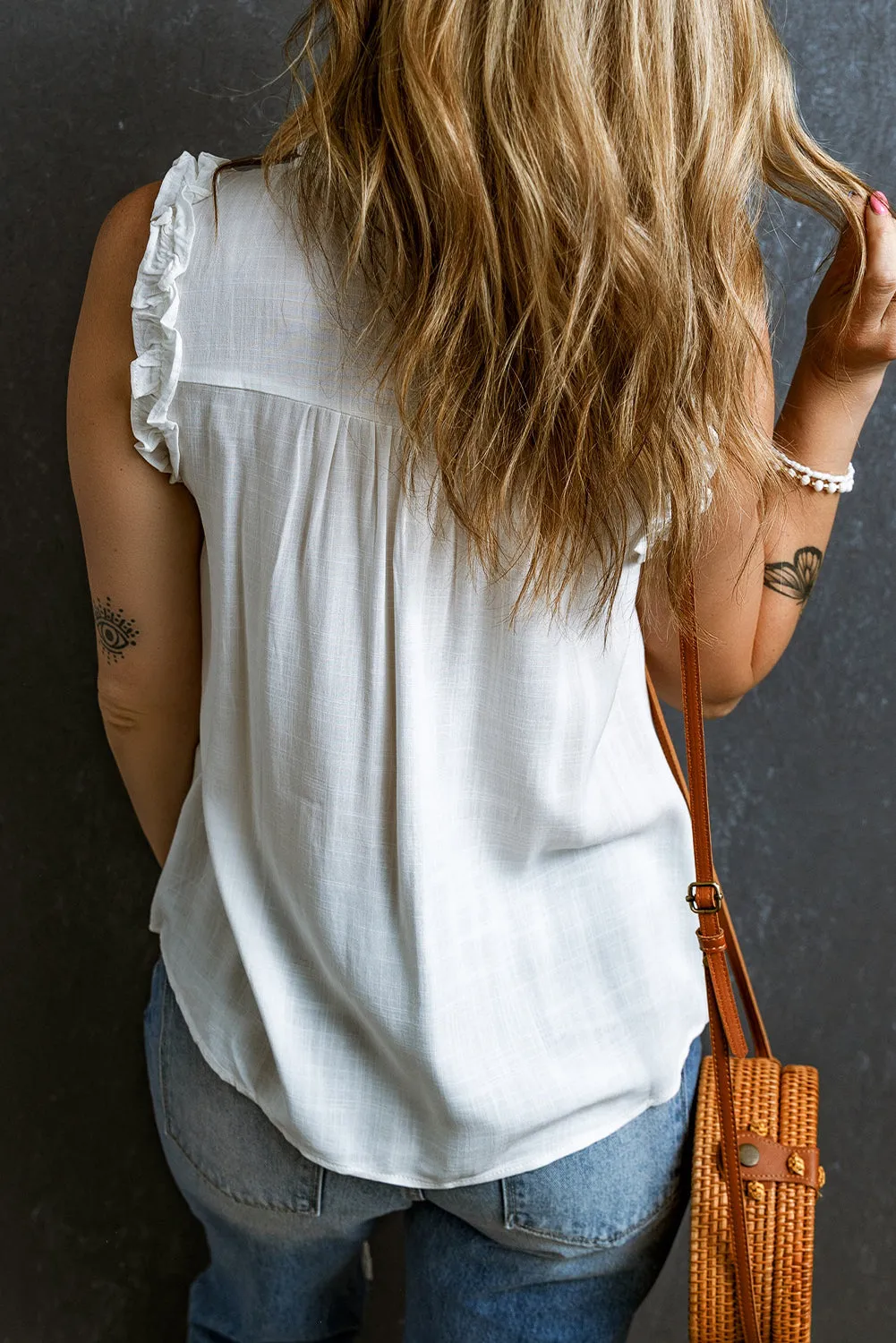 Button Split Ruffled Trim Tank Top