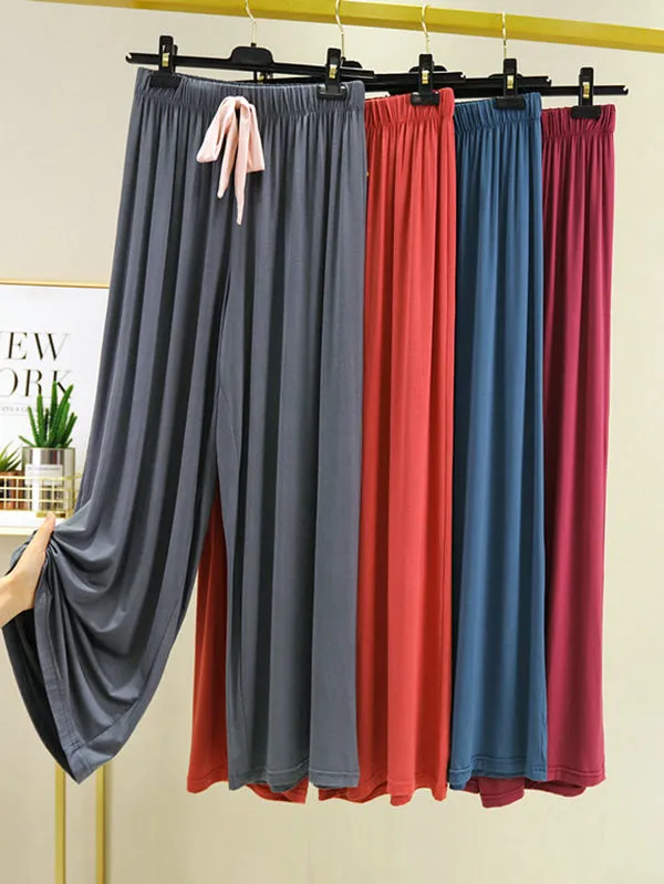 Casual Wide Leg Long Sleeves Drawstring Round-Neck Pajamas Set