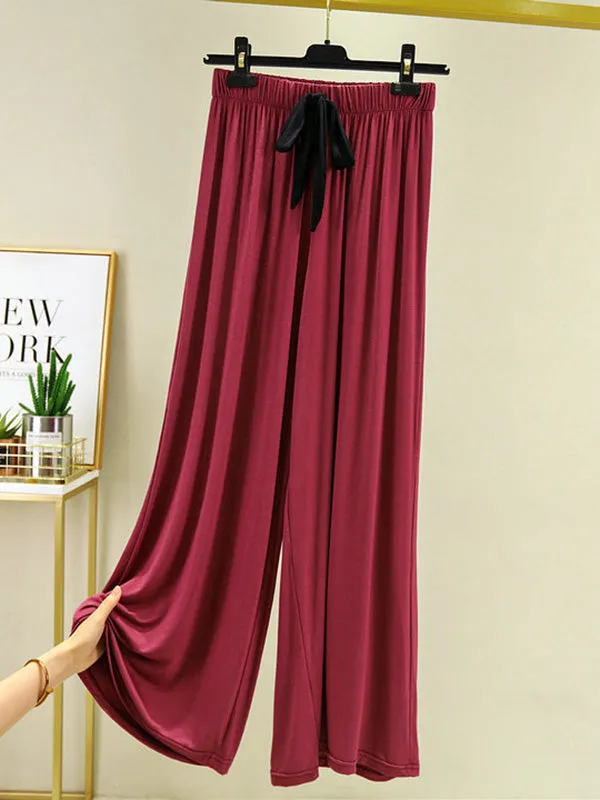 Casual Wide Leg Long Sleeves Drawstring Round-Neck Pajamas Set