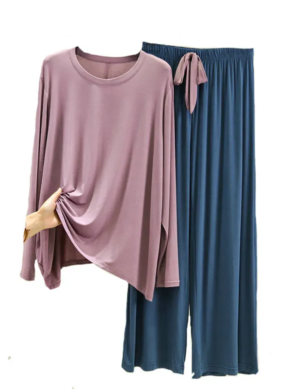 Casual Wide Leg Long Sleeves Drawstring Round-Neck Pajamas Set