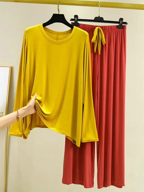 Casual Wide Leg Long Sleeves Drawstring Round-Neck Pajamas Set