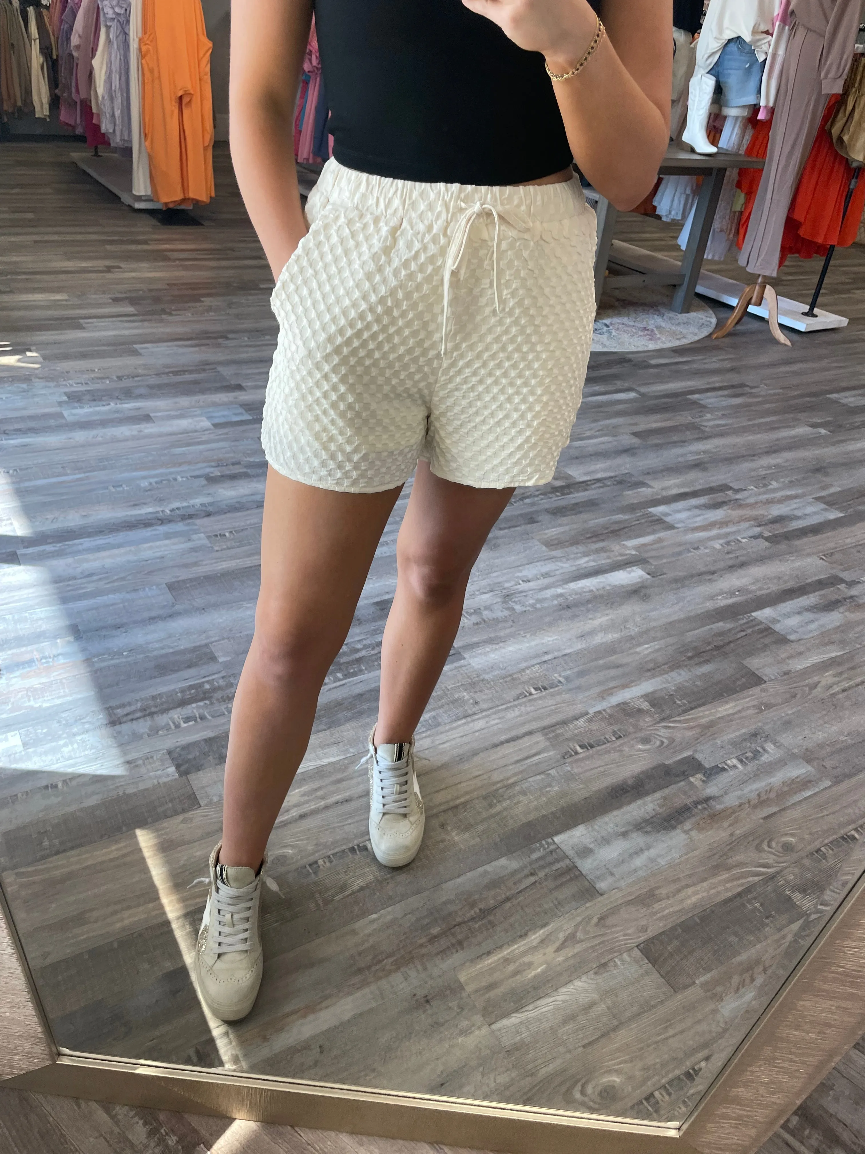 Checkered Tie Waist Shorts - Beige