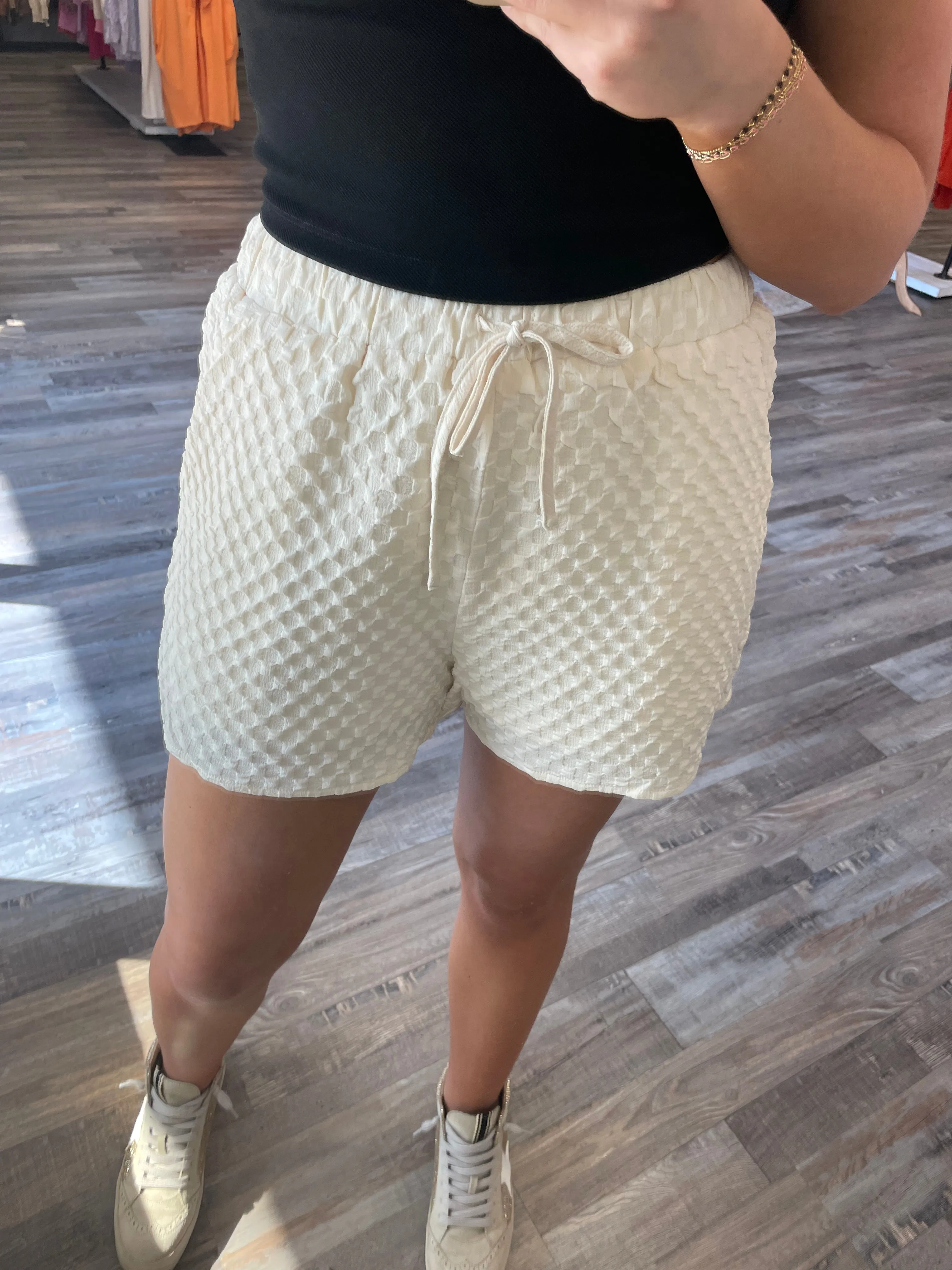 Checkered Tie Waist Shorts - Beige