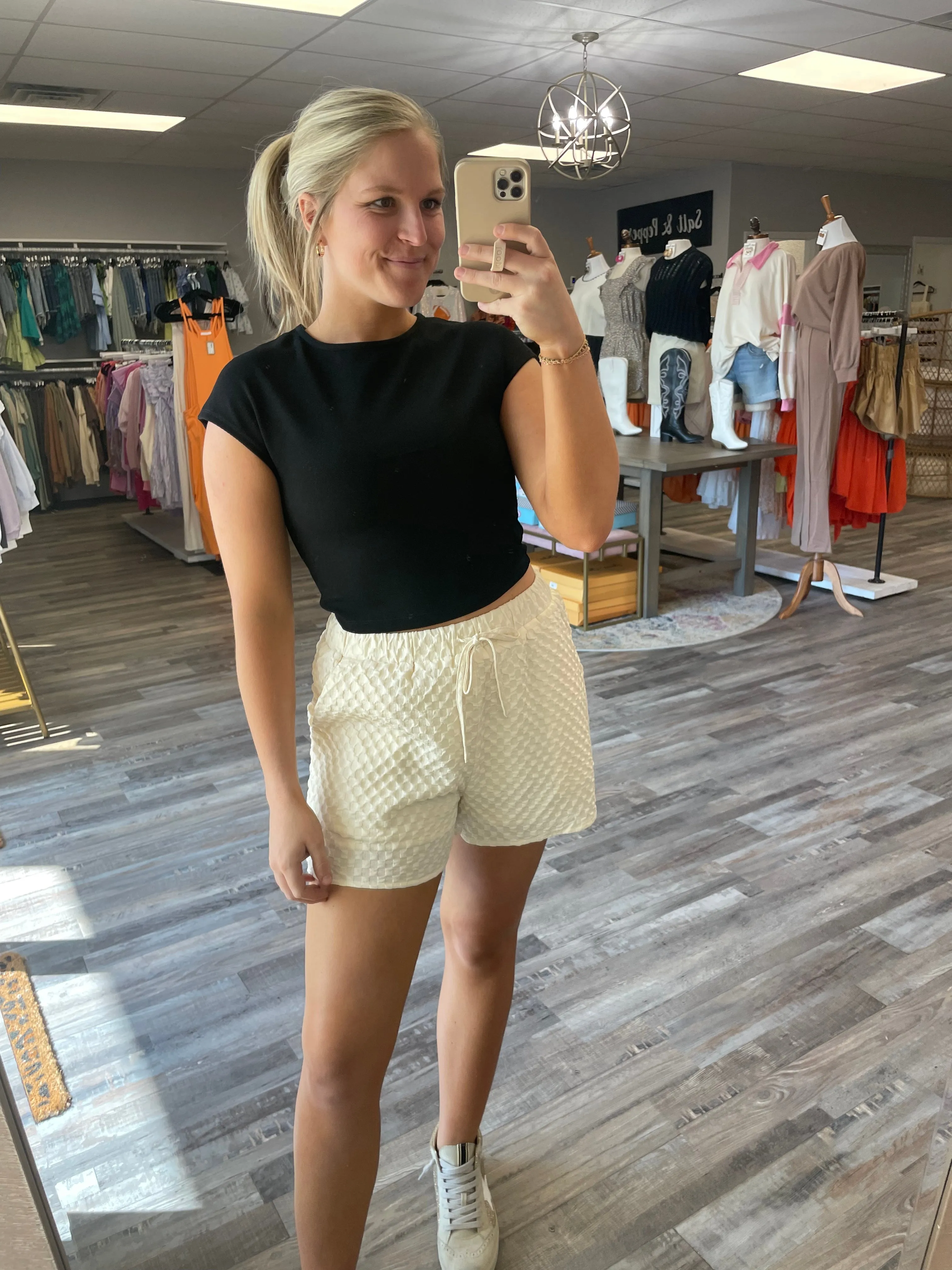 Checkered Tie Waist Shorts - Beige