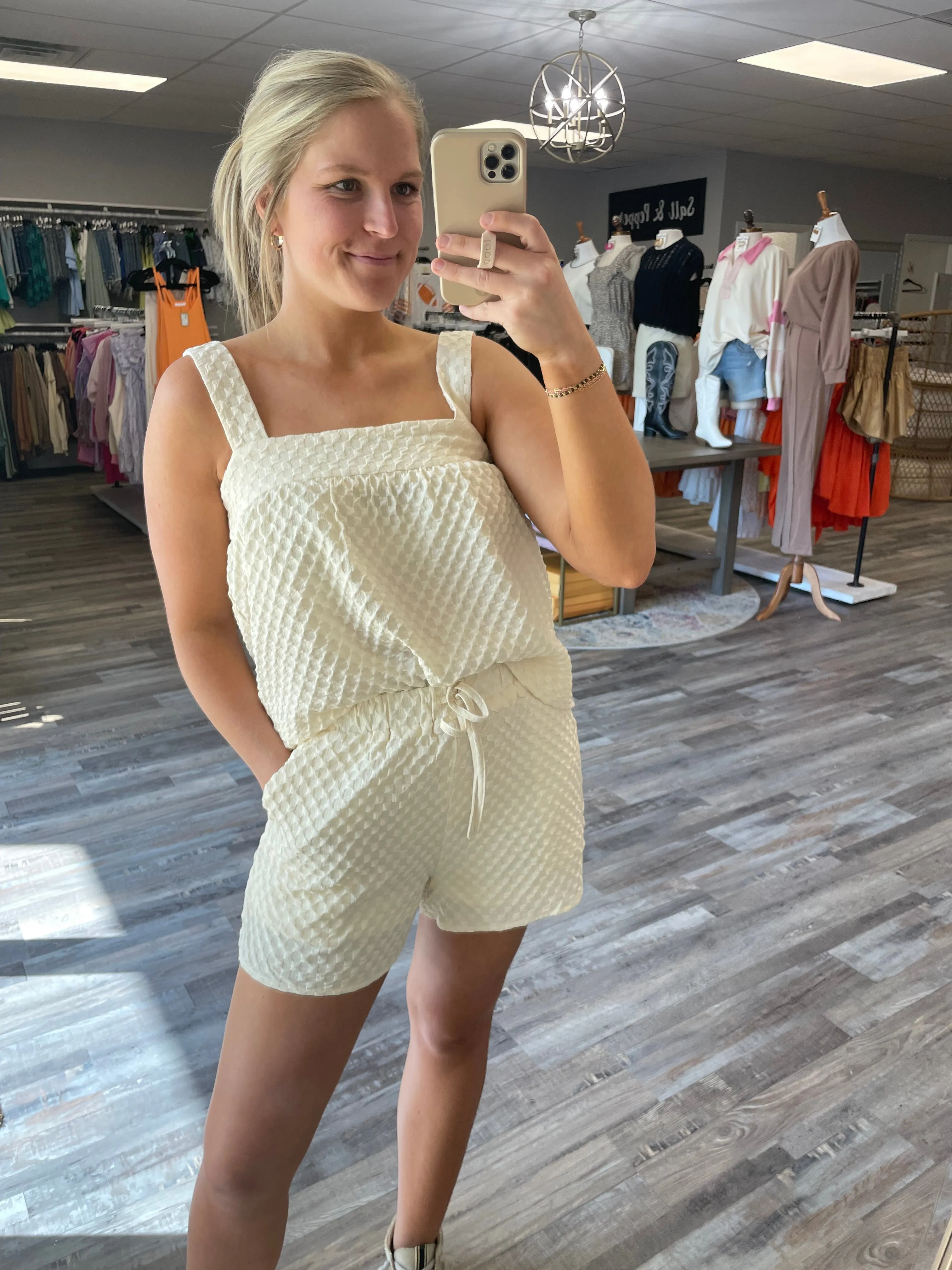 Checkered Tie Waist Shorts - Beige