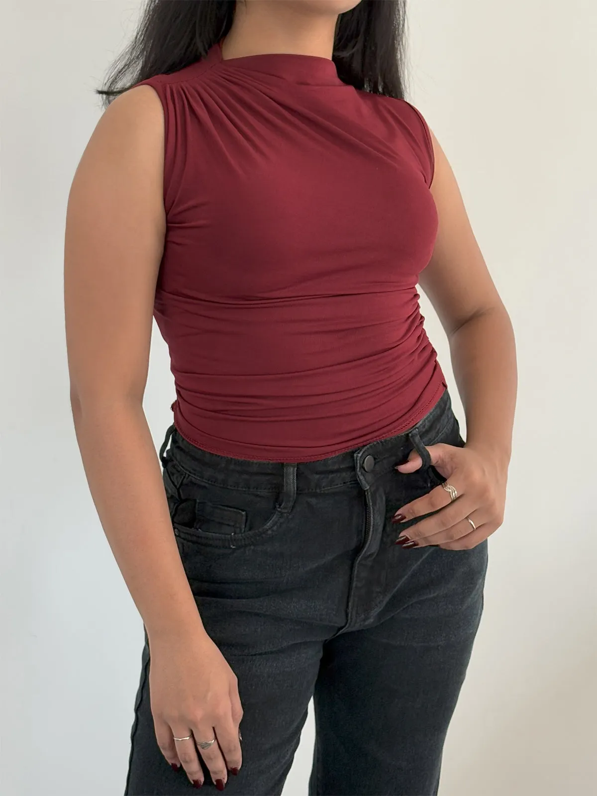Cherry Chic Gathered High Neck Top