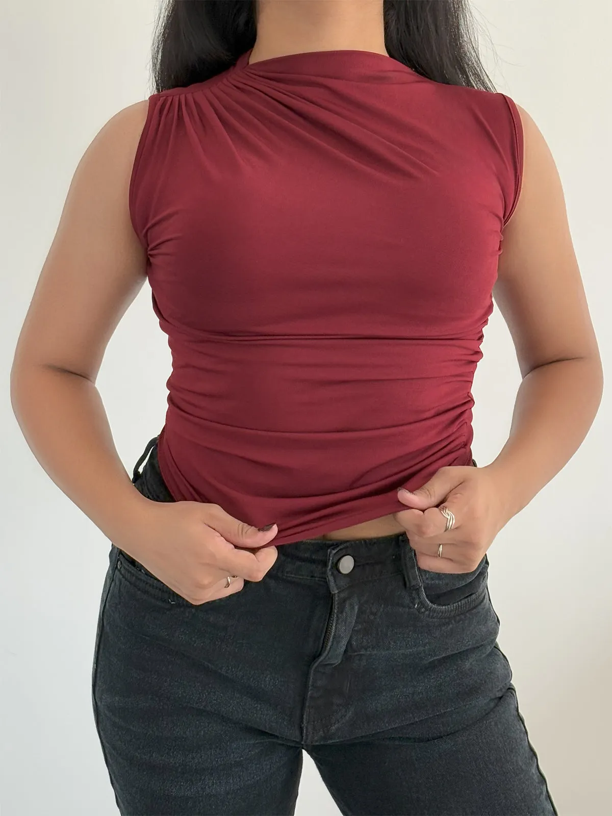 Cherry Chic Gathered High Neck Top