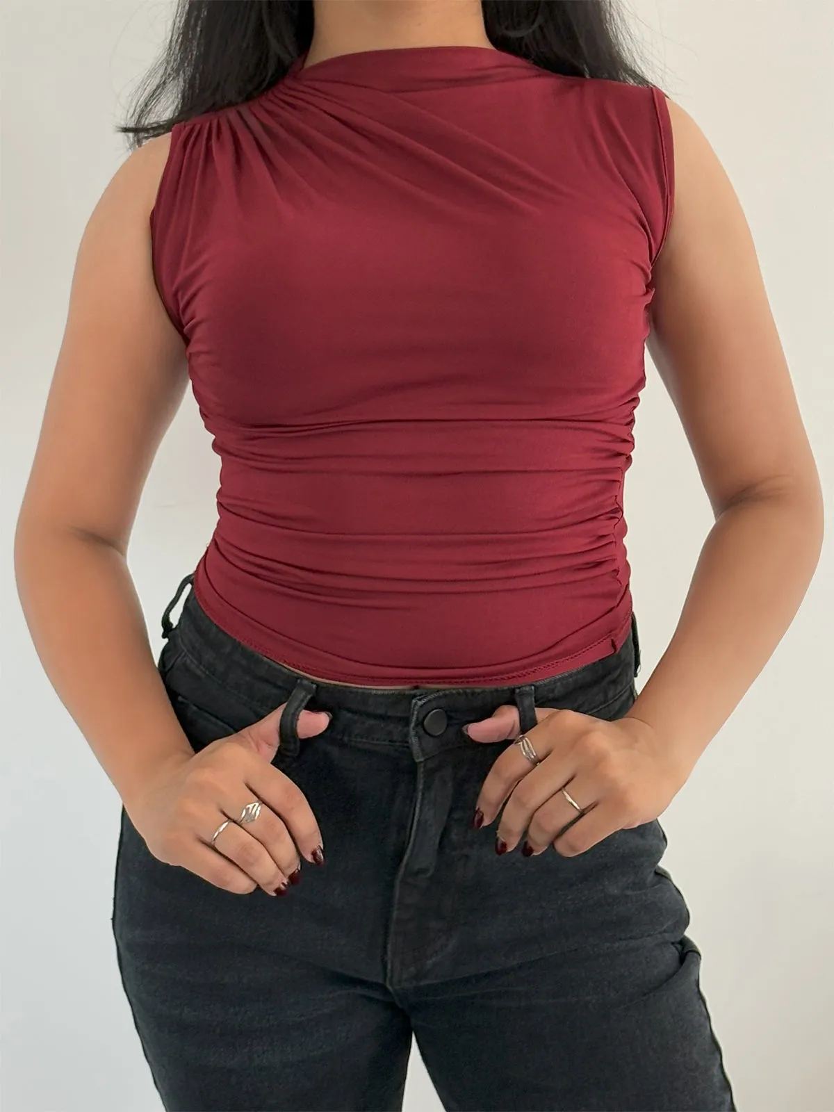 Cherry Chic Gathered High Neck Top
