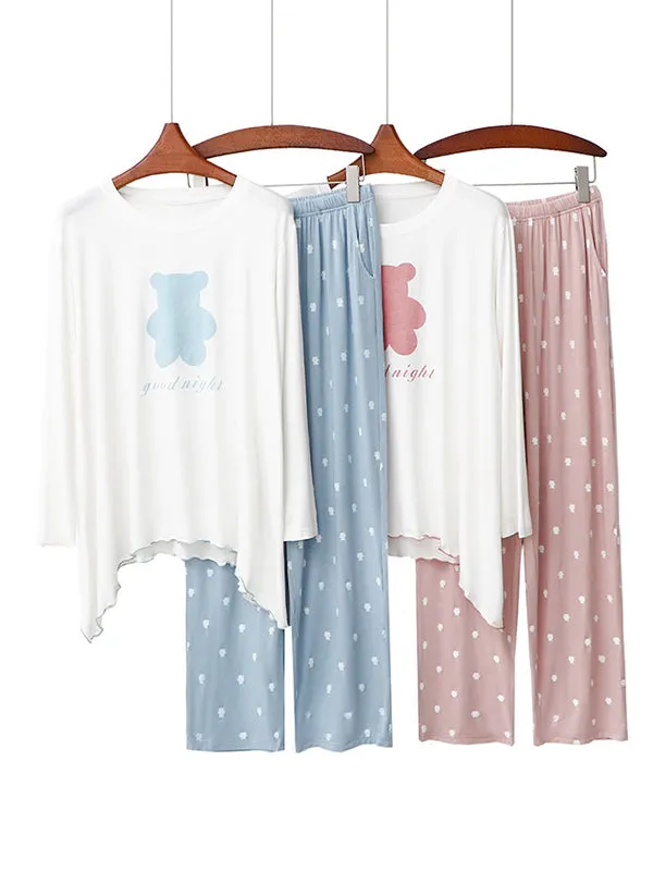 Chicmy-Simple Loose Cartoon Printed Pajamas Two Pieces Set