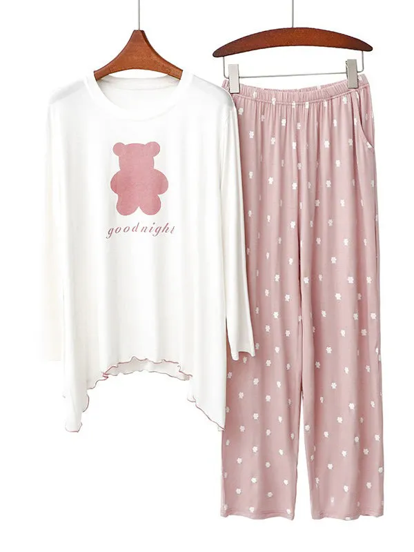 Chicmy-Simple Loose Cartoon Printed Pajamas Two Pieces Set