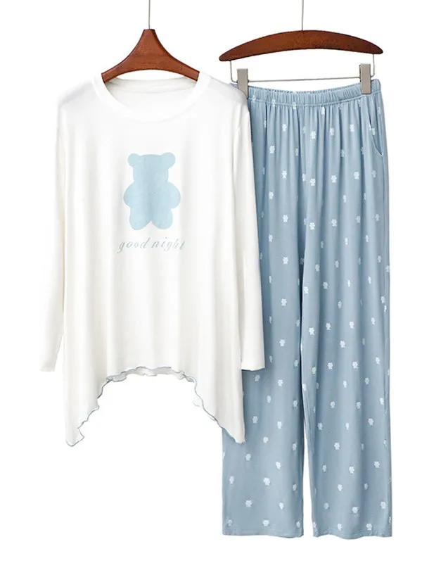 Chicmy-Simple Loose Cartoon Printed Pajamas Two Pieces Set