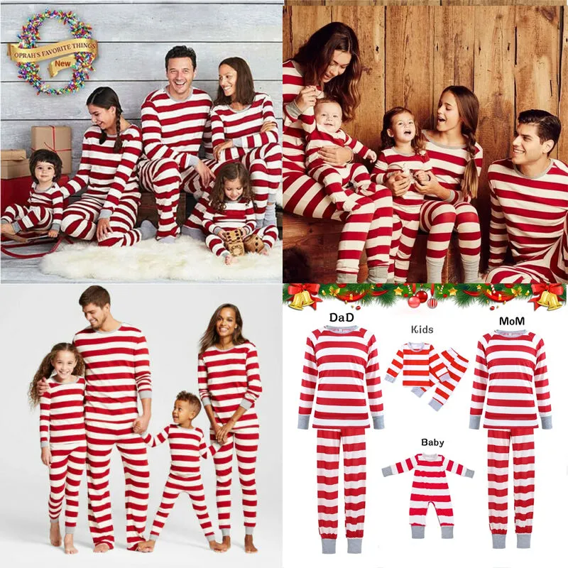 Christmas Family Matching Striped Pajamas Set For Kids Adult Baby