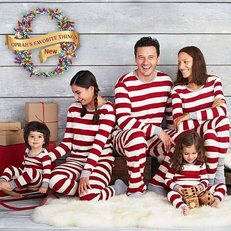 Christmas Family Matching Striped Pajamas Set For Kids Adult Baby