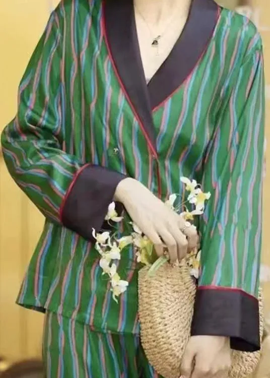 DIY Green Striped Peter Pan Collar Ice Silk Pajamas Two Piece Set Long Sleeve TO1016