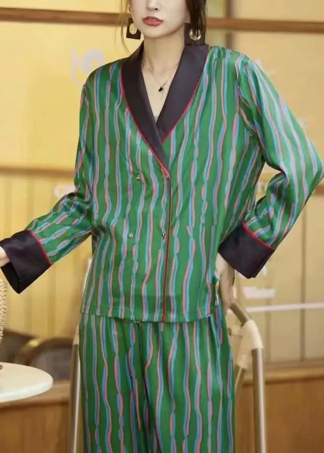 DIY Green Striped Peter Pan Collar Ice Silk Pajamas Two Piece Set Long Sleeve TO1016