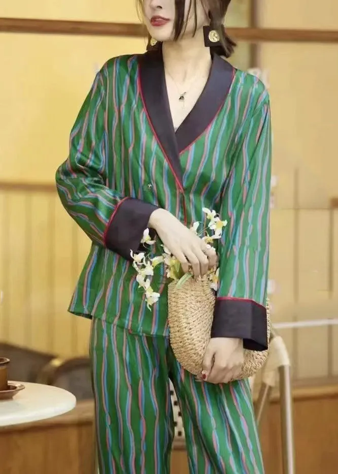 DIY Green Striped Peter Pan Collar Ice Silk Pajamas Two Piece Set Long Sleeve TO1016