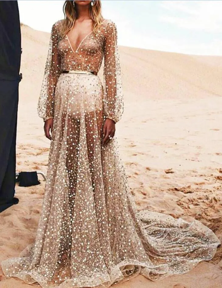 Elegant Mesh Sequins Slim Long Dress