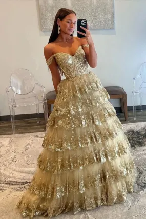 Elegant Off the Shoulder Sparkly Lace Prom Dresses Ball Gown