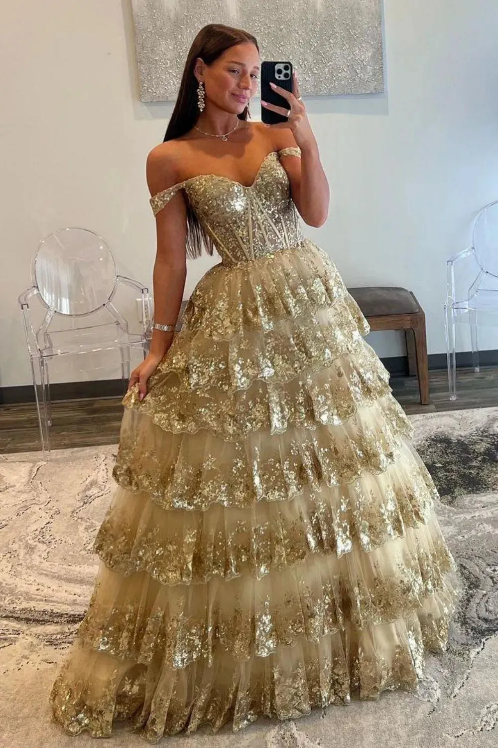 Elegant Off the Shoulder Sparkly Lace Prom Dresses Ball Gown