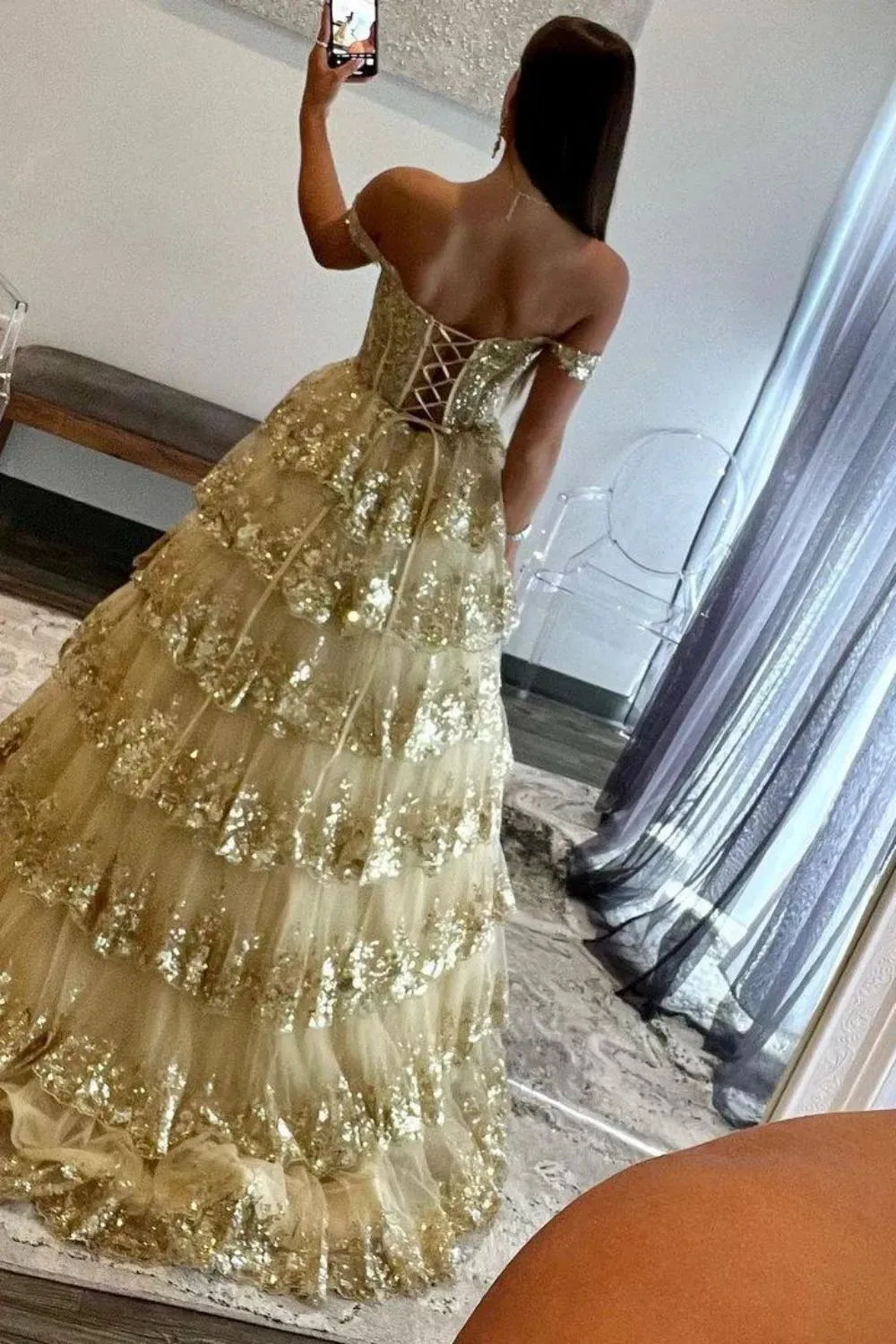 Elegant Off the Shoulder Sparkly Lace Prom Dresses Ball Gown