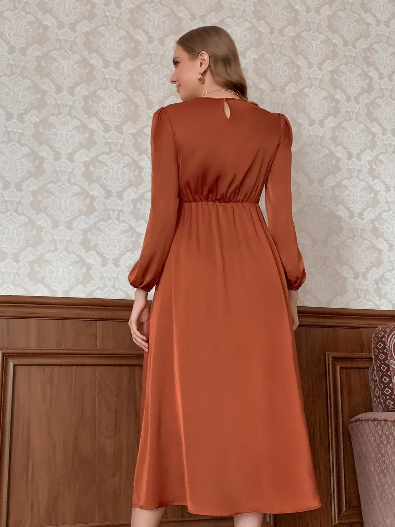 Elegant Plain Button Long Sleeve Round Neck Wrap High Waist Midi Dress
