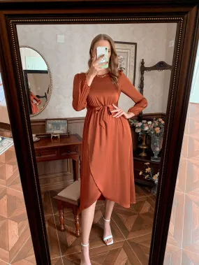 Elegant Plain Button Long Sleeve Round Neck Wrap High Waist Midi Dress