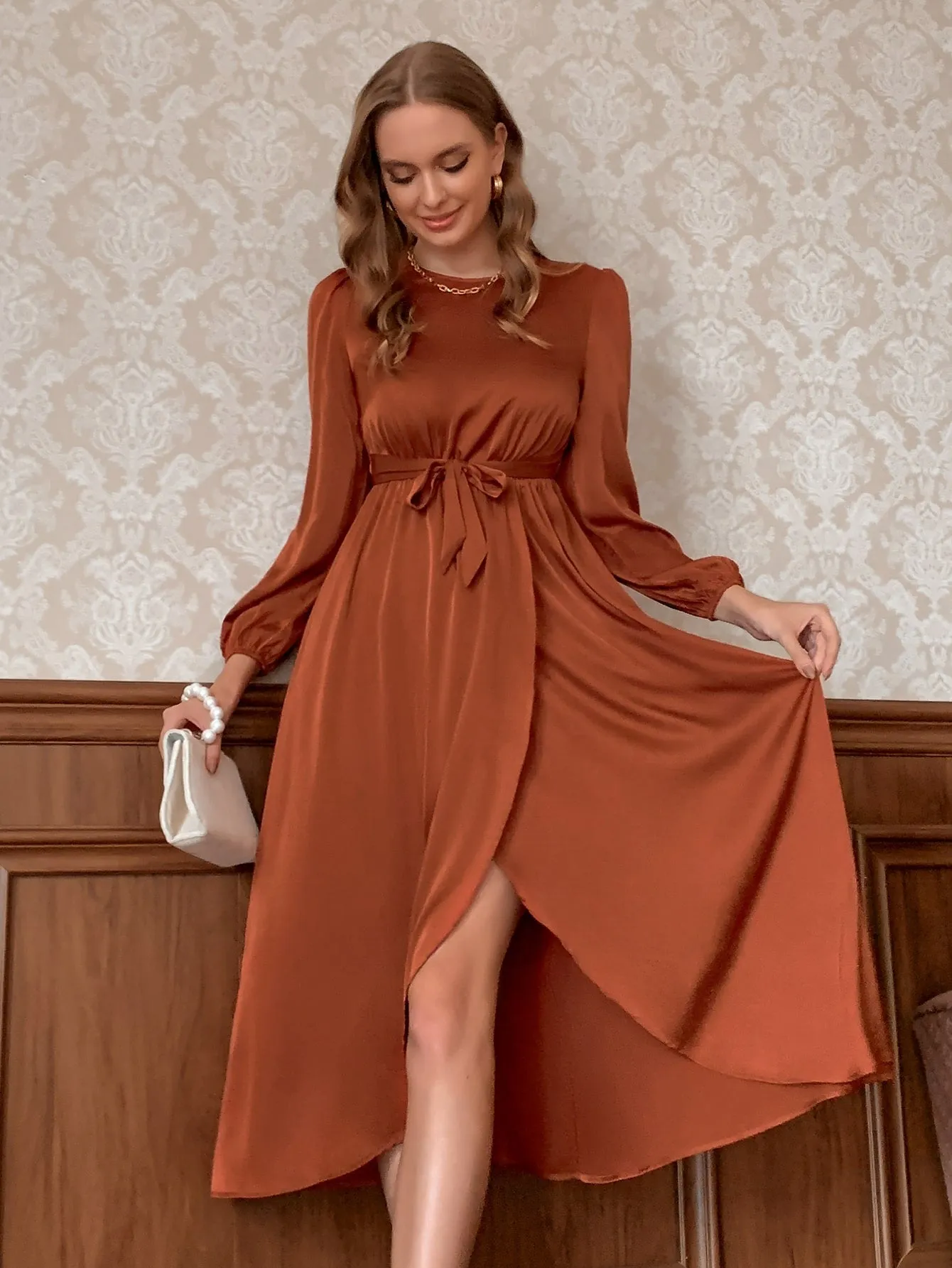 Elegant Plain Button Long Sleeve Round Neck Wrap High Waist Midi Dress