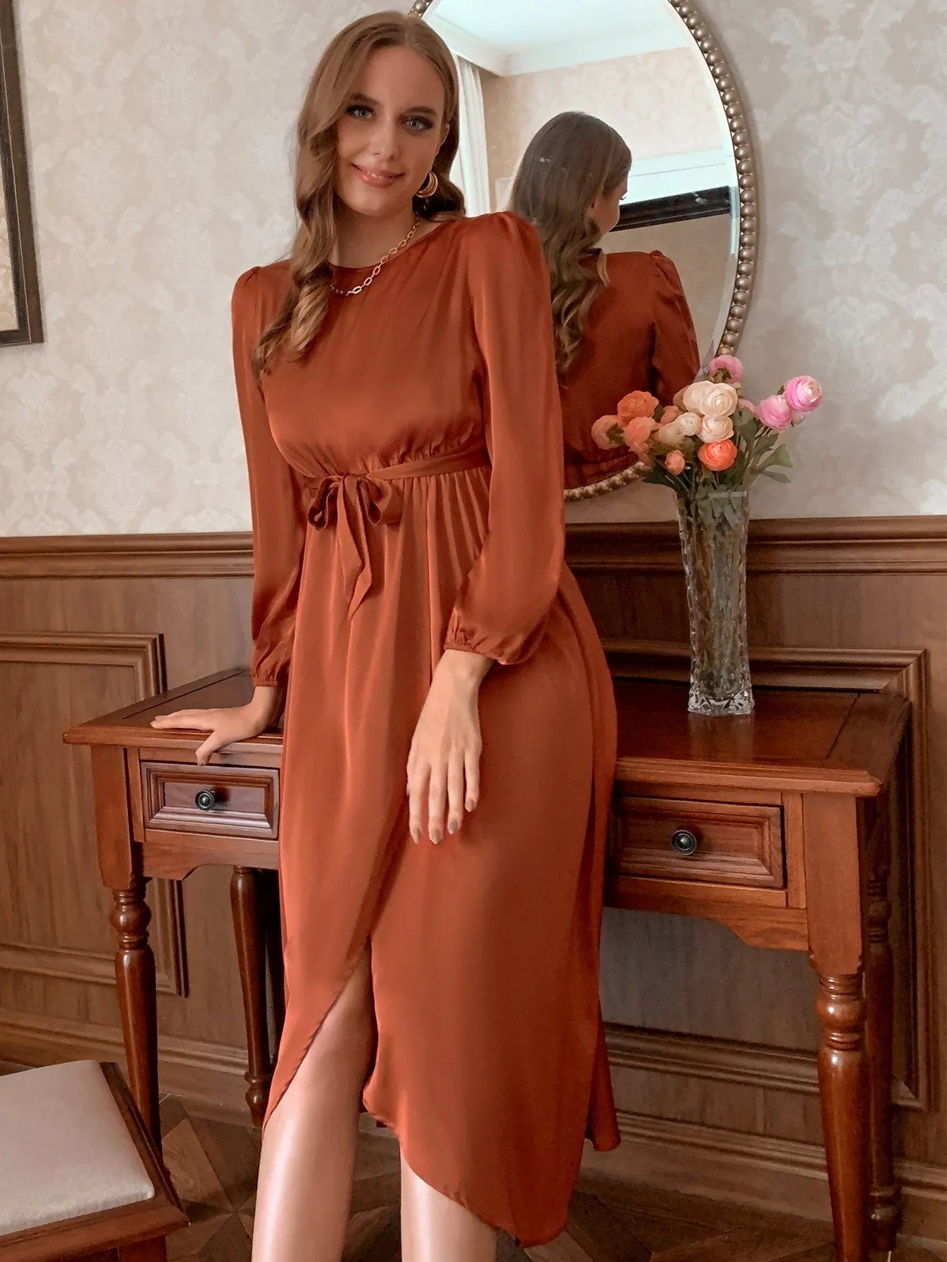 Elegant Plain Button Long Sleeve Round Neck Wrap High Waist Midi Dress